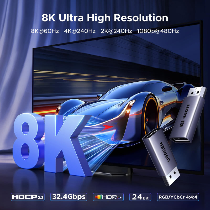 UGREEN 2-Pack 8K@60Hz Active DisplayPort to HDMI Unidirectional Adapter with 4K@240Hz 2K@240Hz DP 1.4 PC to HDMI 2.1 HDCP 2.3 Display Male to Female Cable Aluminum Converter Compatible with AMD NVIDIA