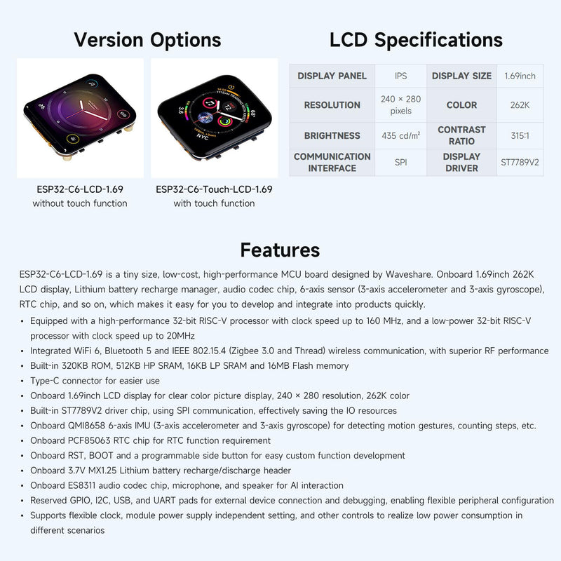Waveshare ESP32-C6 1.69inch LCD Development Board, 240×280 Pixels, Supports Wi-Fi 6 / BLE 5, 160MHz RISC-V Processor, AI Speech, ESP32 with Display, No Touch Function