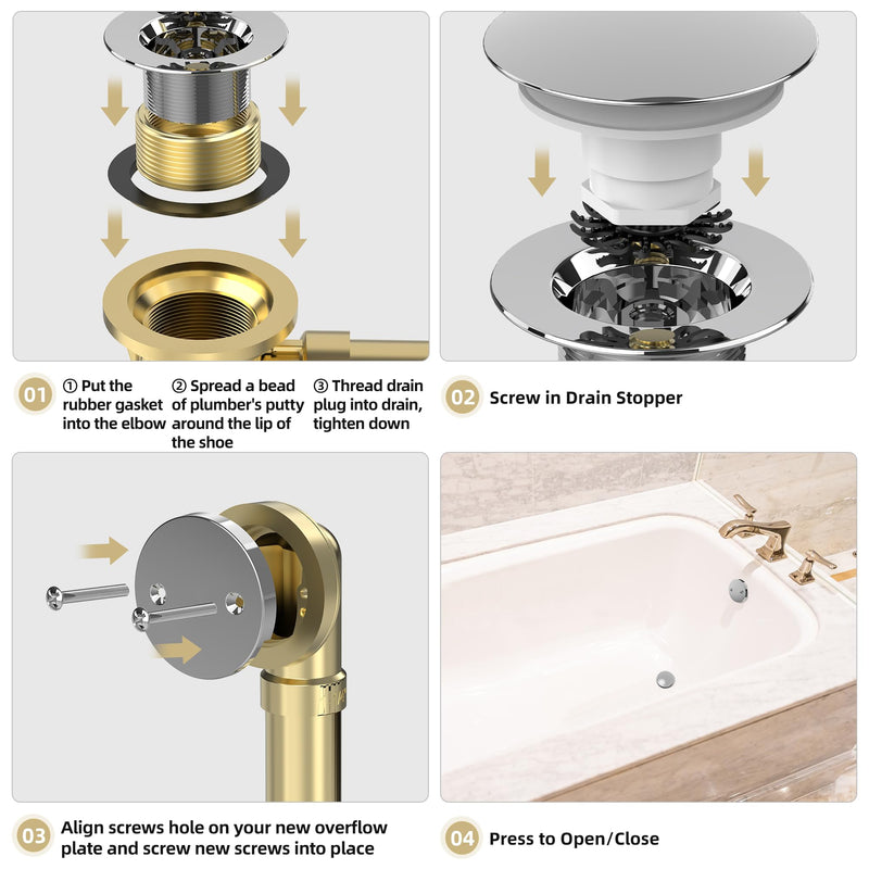 Chrome Plated Tub Drain Kit with Hair Catcher, Premium Brass Mushroom Tip-Toe Bathroom Tub Drain Replacement and 2-Hole Overflow Faceplate, 11.5/16 UNC Bathtub Drain Stopper Assembly Chrome Plated