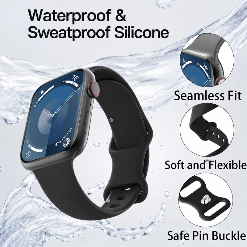 Case and Band for Apple Watch Band 40mm 41mm 44mm 45mm 42mm 49mm Women Men, Soft Silicone Replacement Strap, Protective Cover Screen Protector for iWatch Series 9 8 7 6 5 4 SE Ultra Black 44mm(Series 6/5/4/SE)