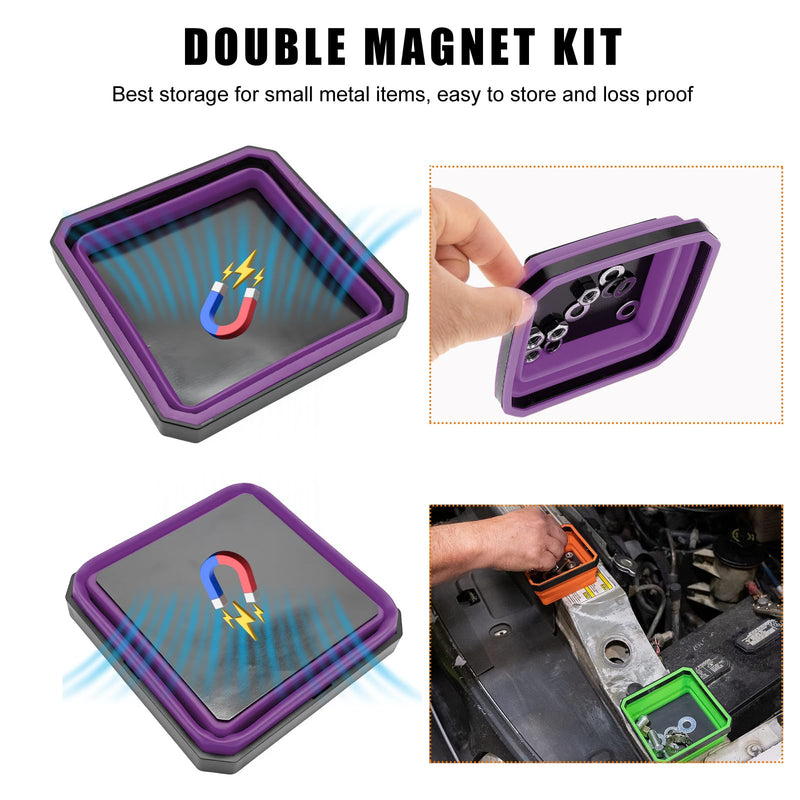 Collapsible Magnetic Parts Tray, 4.5 Inch Foldable Magnetic Square Silicone Tray, Tool Tray Set with Double-Sided Magnetic Base for Screw Bolts Nuts Pins, Car Accessories (Purple) Purple, 1 PCS