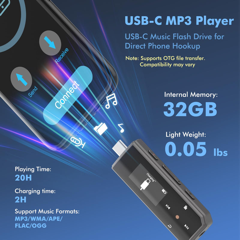 RUIZU 32GB USB-C MP3 Player with Bluetooth 5.3 & Clip for Sports Running | Portable Music Player with FM Radio, One-Button Voice Recorder, Digital Audio Shuffle Repeat, Mobile Phone File Transfer