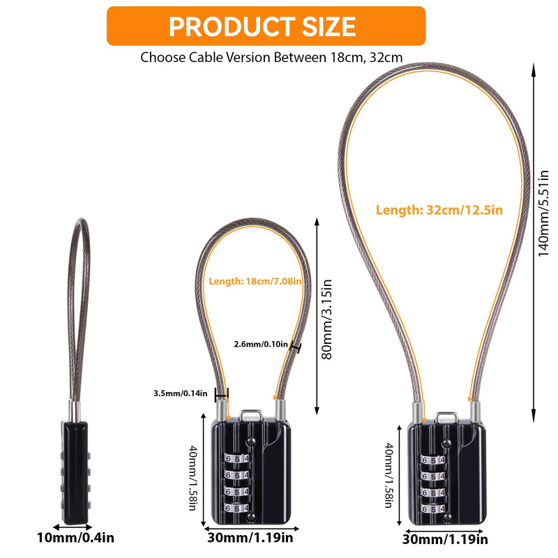 SEPOX® 12PK Metal Combo Padlock, Resettable 4-Digit, Extra Long Cable 7" | Compact Design for Suitcase Gym Locker Toolbox, Set Your Own Password, Combination lock w/ Vinyl Steel Flexible Cable Durable Black Long 12pcs
