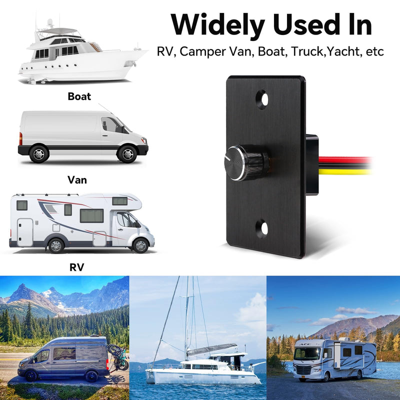 Acegoo RV Light Dimmer Switch DC 12V Aluminum High-Side PWM Dimmer, Perfect for Camper Van Boat Trailer Truck Cars Strip Light, Rotary Dimming (6A-Black) 6A-Black