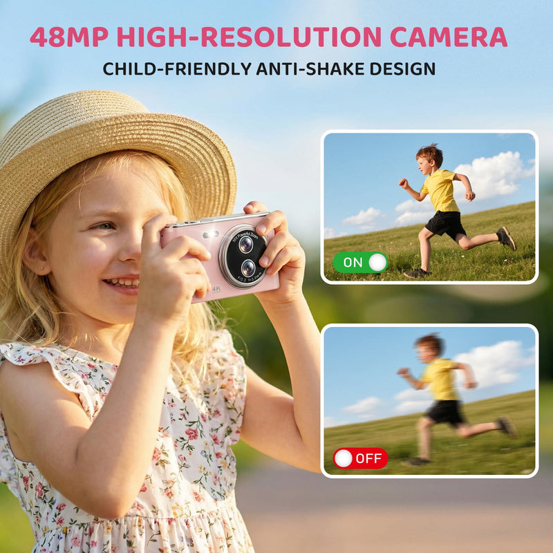 Digital Camera, 48MP FHD 1080P Point and Shoot Camera with 16x Zoom, Anti Shake Autofocus Compact Camera with 32GB Card for Kids, Beginners, Teens, Pink