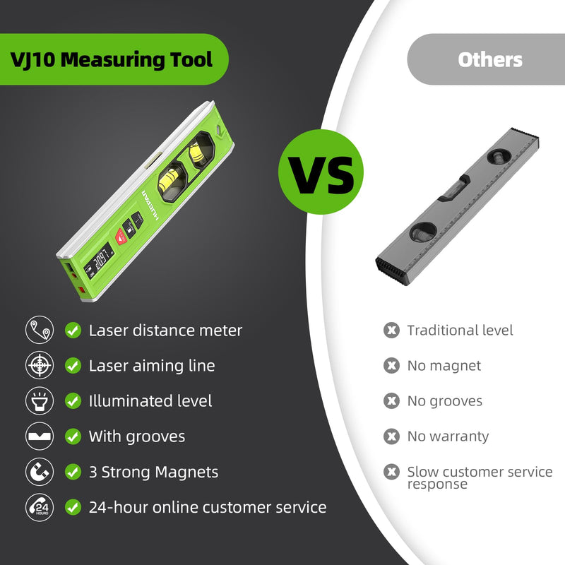 Huepar 3-in-1 Laser Level /65Ft Laser Distance Measure/Magnetic Torpedo Level, 9 in Spirit Level with LED Display and Lighted Bubble, USB-C Rechargeable Magnetic Laser Leveler Tool - VJ10