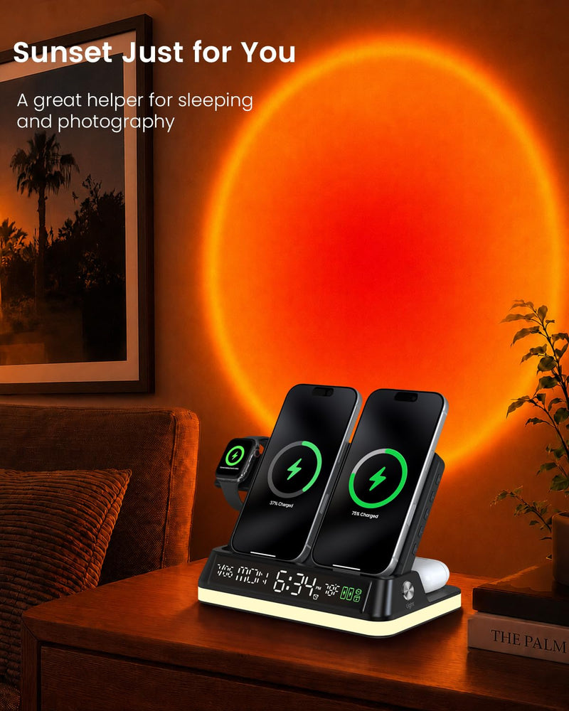 7 in 1 Wireless Charging Station with Auto-Sync Clock Sunset Night Light | Wireless Charger Stand for iPhone 17 16 15 14 Pro Max, Nightstand Charging Station for Apple Watch for AirPods, Indoor Temp