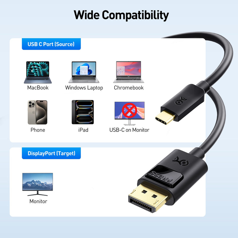 Cable Matters 2-Pack Unidirectional USB C to DisplayPort 1.4 Cable - 6ft, Support 8K@60Hz / 4K@240Hz, Thunderbolt 4 to DisplayPort Cable, Display Port to USB C, Black - Not for Portable USBC Monitor 6 ft
