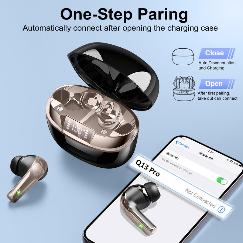 Wireless Earbuds Stereo Sound in Ear Headphones, 47H Playtime, LED Display | Noise Cancelling EarBuds Deep Bass with 4 Mic ENC Clear Calls, Bluetooth 5.4 Headphones, Touch Control, IP7 Waterproof Black Gold