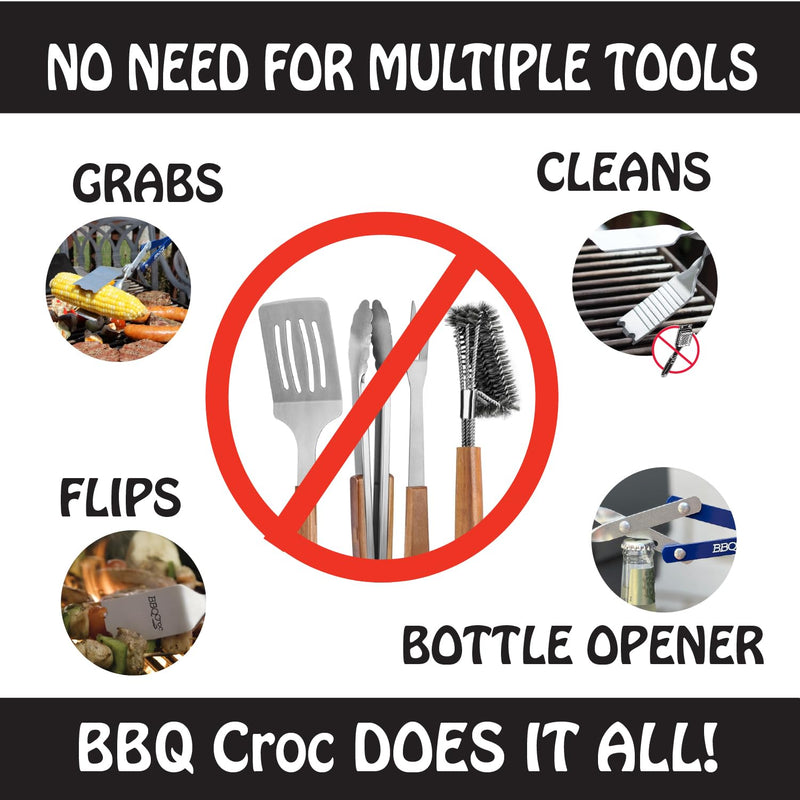 BBQ Croc 3 in 1 Barbecue Tool 18-inch - Lightweight and Long Tongs, Spatula and Grill Scraper (Blue) (18 inch Without Flashlight) 18 inch Without Flashlight