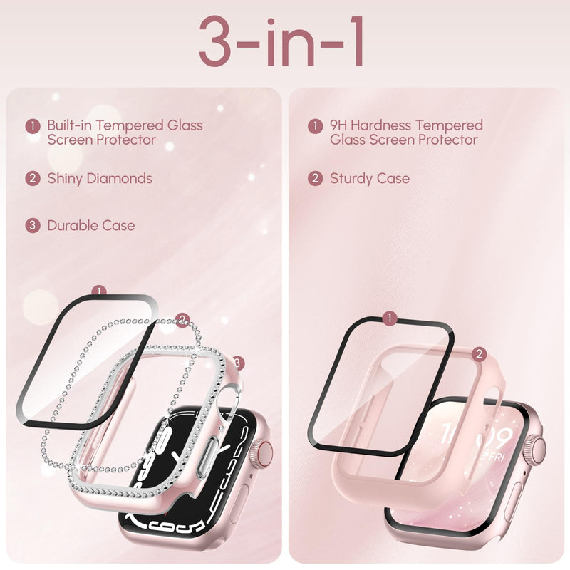 Compatible for Apple Watch Bands 40mm 41mm 44mm 45mm 42mm 46mm with Screen Protector Case Women, Silicone Strap Bling Diamond Protective Cover Tempered Glass for iWatch Series 10 9 8 7 6 5 4 3 11 SE Pink/Pink/Pink