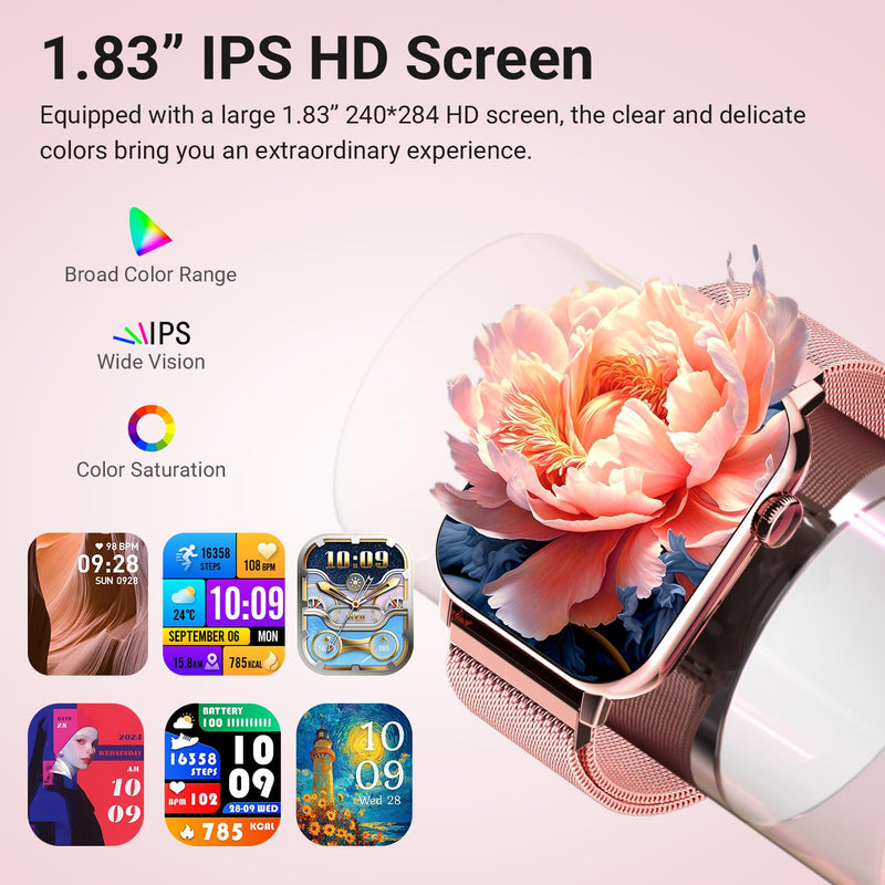 Trendia Smart Watches for Women, 1.83'' HD Fitness Tracker with Answer/Make Calls, Heart Rate/Sleep/SpO2 Monitor, 120+ Sport Modes, IP68 Waterproof, Compatible iPhone/Android Rose Pink