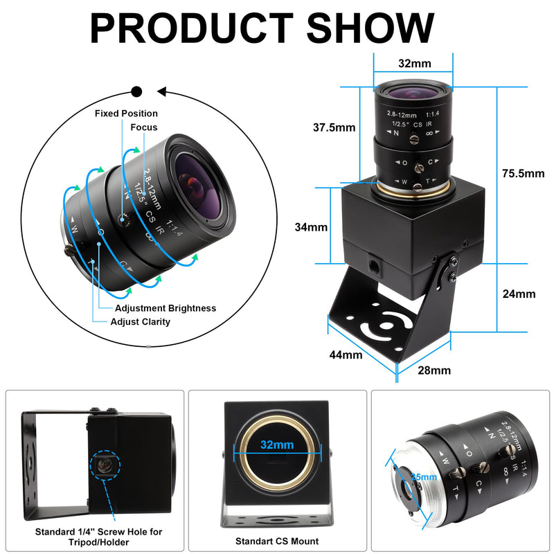 640fps USB Camera Ultra High Speed Monochrome Global Shutter, 120fps/210fps/420fps Webcam,2.8-12mm 4X Manual Zoom Lens, Plug&Play for Raspberry Pi Laptop Industrial Motion Capture Golf Swing 2.8-12mm 4X Manual Zoom Lens
