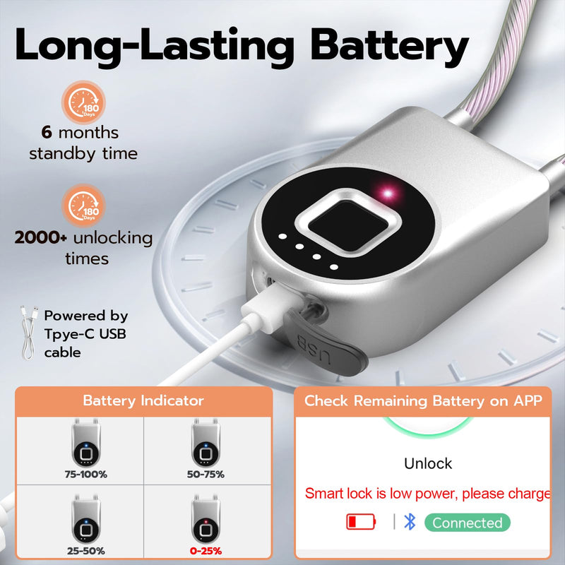 Fingerprint Cable Lock, eLinkSmart Fridge Locks with Bluetooth APP Control, Biometric Smart Padlock for Adults Baby Proof Cabinet Refrigerator French Door Cabinet Gate Locker Bike, 14.9'' Long Silver Silver-38cm