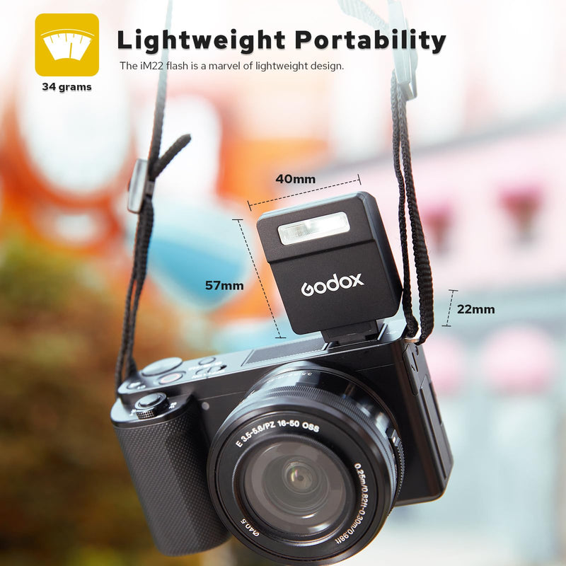 Godox iM22 Mini Flash for Canon/Sony/Fujifilm/Nikon/Panasonic/Olympus | Built-in Battery, USB C Charging, 5 Levels Flash Power, GODOX Flash iM 22 Mini Camera Flash
