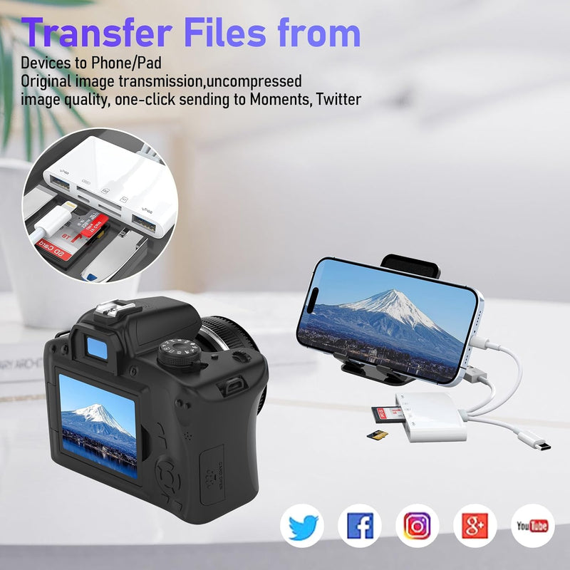 5-in-1 SD Card Reader for iPhone with USB-C, USB-A & OTG Adapter | Lightning, USB-C & USB-A Card Reader with SD/TF Slots, USB Port and Charging for iPhone, iPad, Android, MacBook & PC White