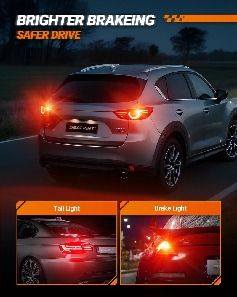 SEALIGHT Brake Light Bulbs 3157 LED Bulb Red, 700% Brighter 3156 3057 4157 4114 LED Bulb 57-SMD LED Chipset with Projector Len for Blinker Brake Light, Tail Light, Stop Parking Lights, Pack of 2