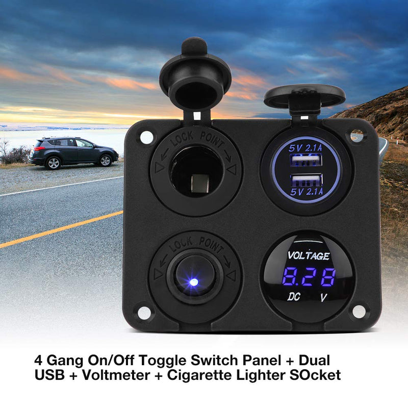 Waterproof 4 Gang Marine Boat ON/Off Toggle Switch Panel & 4.2A Dual USB Socket & Voltmeter & Cigarette Lighter Blue LED Light(Blue)