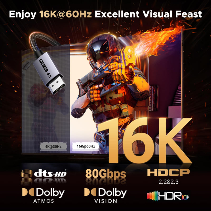 UGREEN 16K@60Hz 80Gbps DisplayPort Cable 2.1 DP Cord 8K@240Hz 4K@240Hz Display Port Cable 10FT HDR, HDCP2.3, DSC1.2a, FreeSync, G-Sync, Alu Braid Compatible Monitor, Graphics RTX 5090 4090, PC, HDTV