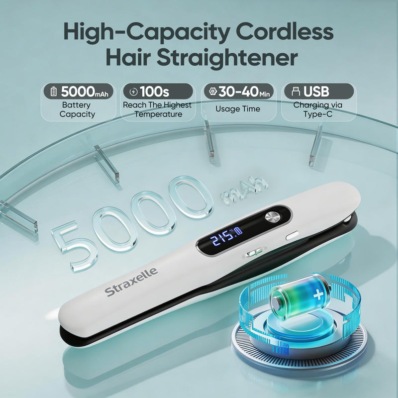 Mini Cordless Hair Straighteners and Curler,5000mAh Rechargeable Travel Straighteners Cordless with LED Display,2 in 1 Portable Flat Iron Hair Straightener 3 Temp Levels for Fine to Thick Hair(White) White