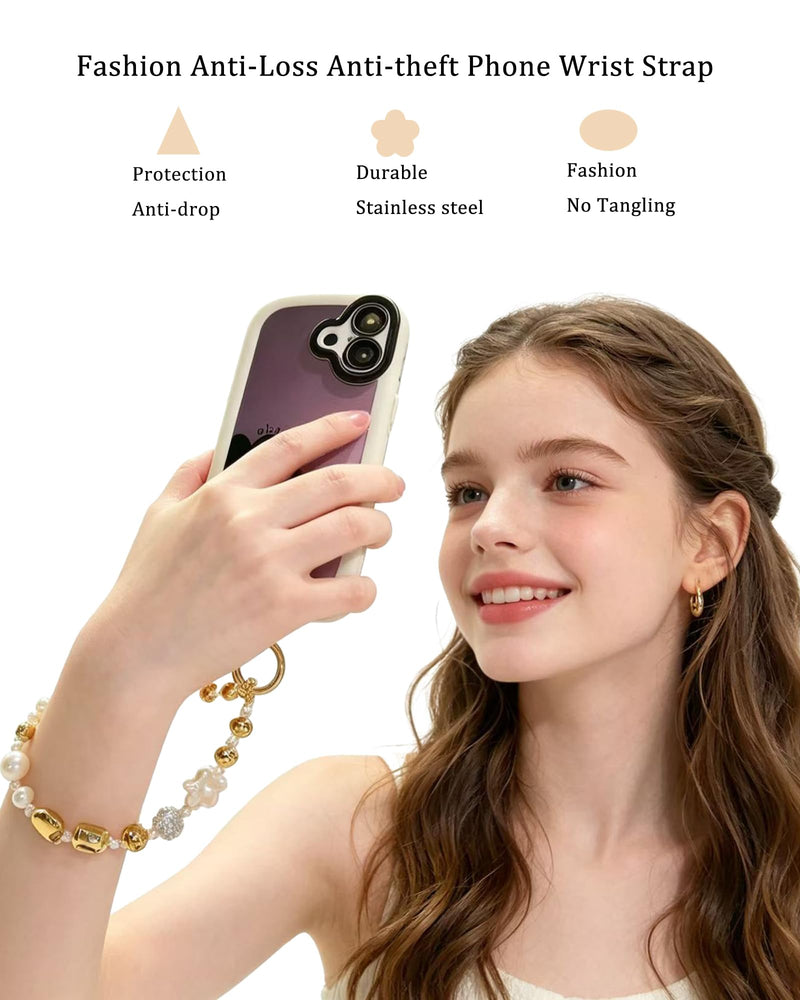 Pearl Phone Charm Wrist Strap,Beaded Phone Wrist Strap for Women Girls | Anti-drop Detachable Phone Chain Wristlet for iPhone Galaxy,Hands-Free Wristlet Bracelet Shopping Travel Walking Daily White -Gold