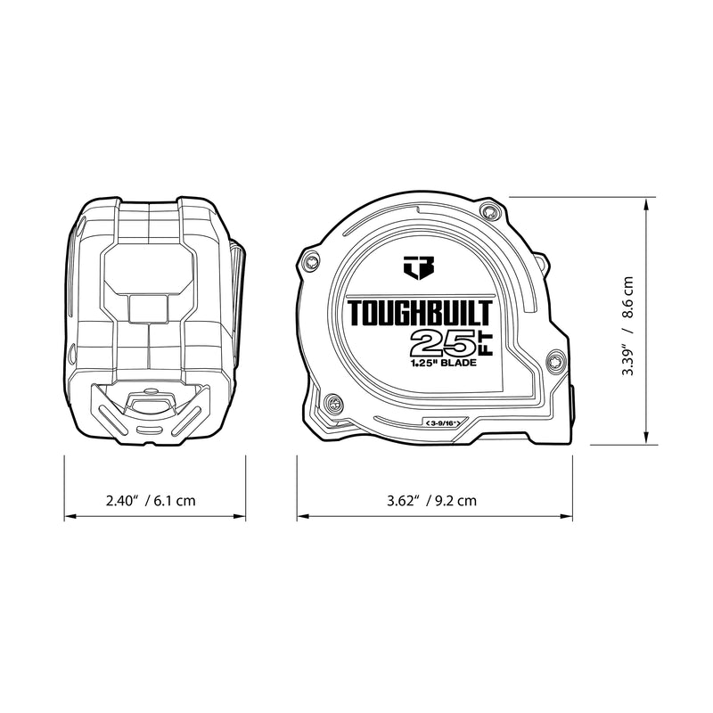ToughBuilt – 25 ft. ProBlade Tape Measure with Blade Control, 1.25" Wide Double-Sided Blade, Magnetic Hook & 11 ft. Standout for Jobsite Accuracy (TB-H2-T-12225) 7.6 m