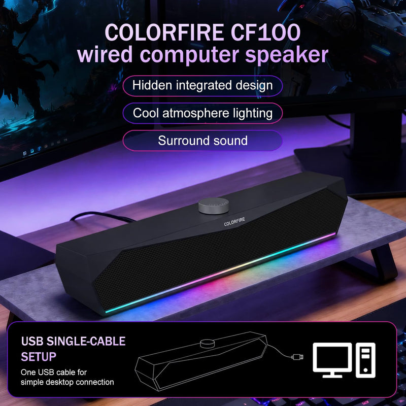 Computer Speakers for Desktop,USB Single-Cable, Computer Soundbar for PC | Compatible with Laptops | Towers | Devices |Stereo Sound and RGB Light, Plug-n-Play, Black Matte Finish, Mechanical Knobs