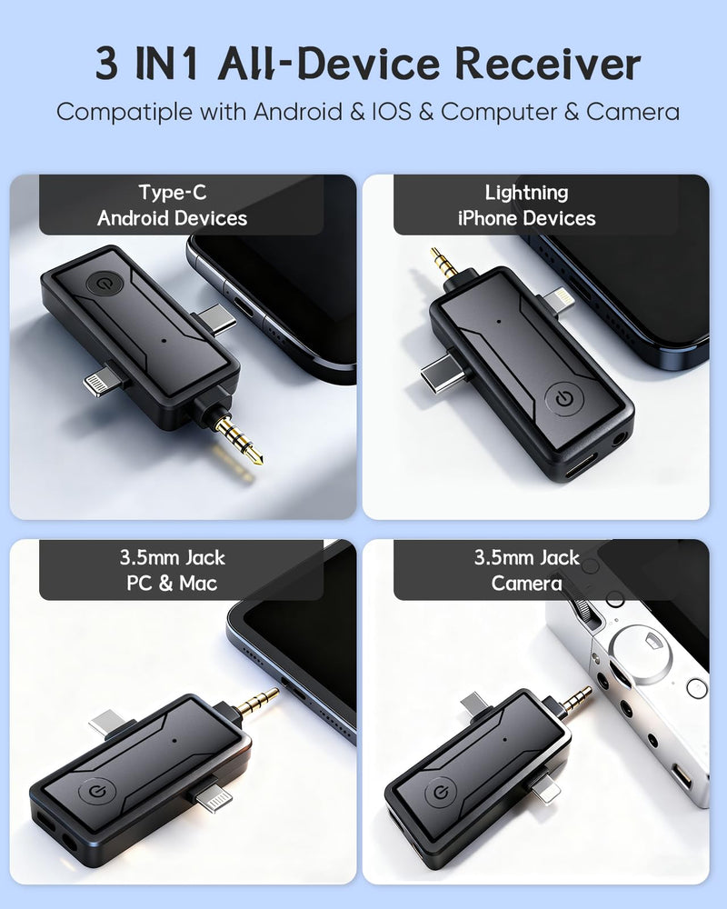 Wireless Microphone for iPhone/iPad, 3-in-1 Bluetooth Lavalier Mic with Noise Reduction, Plug & Play Lapel Clip for TikTok YouTube Podcast Vlog Recording