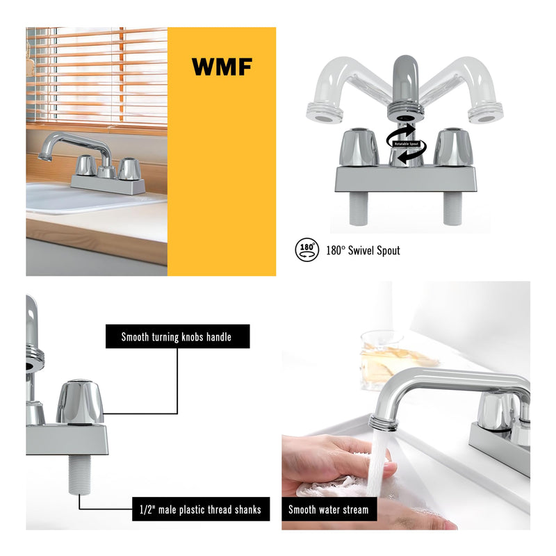 WMF-4225-1-L Utility/Laundry/Shop Sink Faucet, Double Handle with 3/4" Hose Thread in Chrome, Threaded end Slop Spout, 4" Centerset