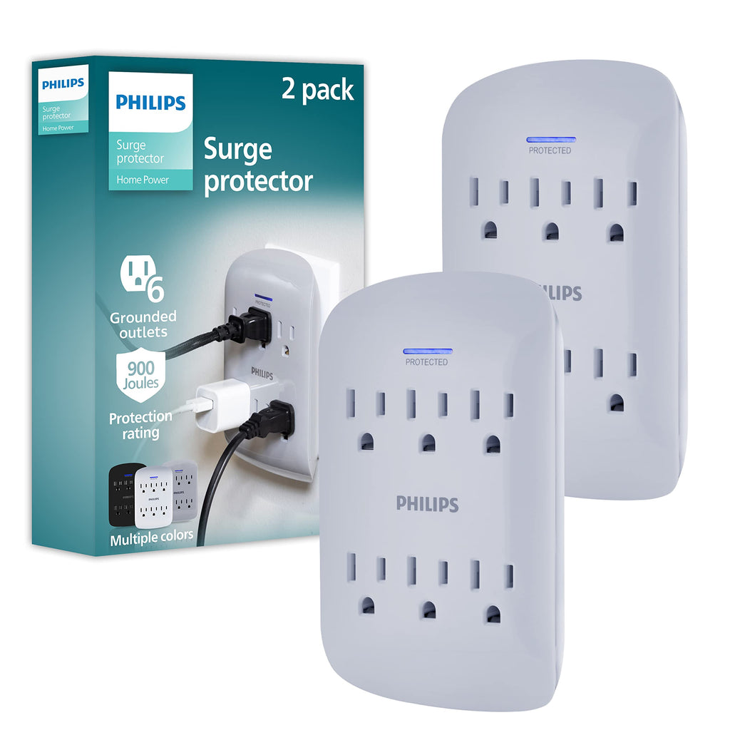 Philips Philips 6-Outlet Extender Surge Protector, 900 Joules, 3-Prong, Space Saving Design, Protection Indicator LED Light, 2 Pack, Grey, SPP3466GR/37