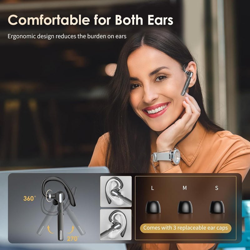 SneKa Bluetooth Earpiece Wireless Headset for iOS Android Cell Phone, Gray | 10 Hours Talking Time, V5.0, Mic with Mute Button, Single-Ear, Hand-Free, compatible with both left and right ears
