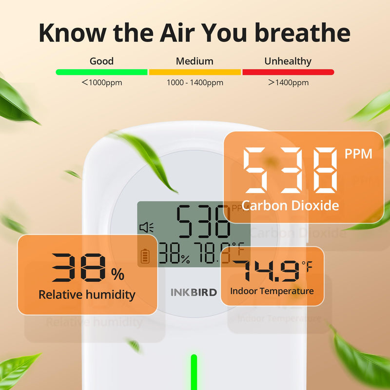 INKBIRD Air Quality Monitor Indoor Ndir 3 in 1 Meter | Detect Carbon Dioxide & Temperature & Humidity with Battery Powered | Sound System | for Home, Office, RV, Grow Tent (IAM-O2)