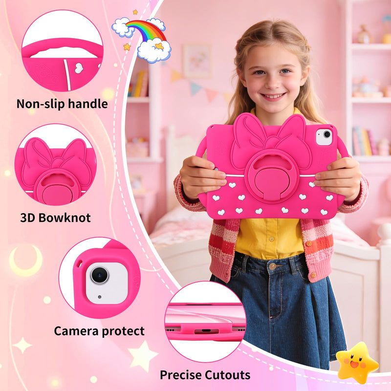JAKPAK Kids Case for iPad Air 11-inch M4 M3 M2/Air 5th 4th Gen/Pro 11” | 360° Rotating Kickstand, Double Handle, Soft Silicone Shockproof Tablet Case, Cute Bow Heart iPad 11 Cover, Kids Friendly Hot Pink for iPad Air 11inch /Air 5th 4th