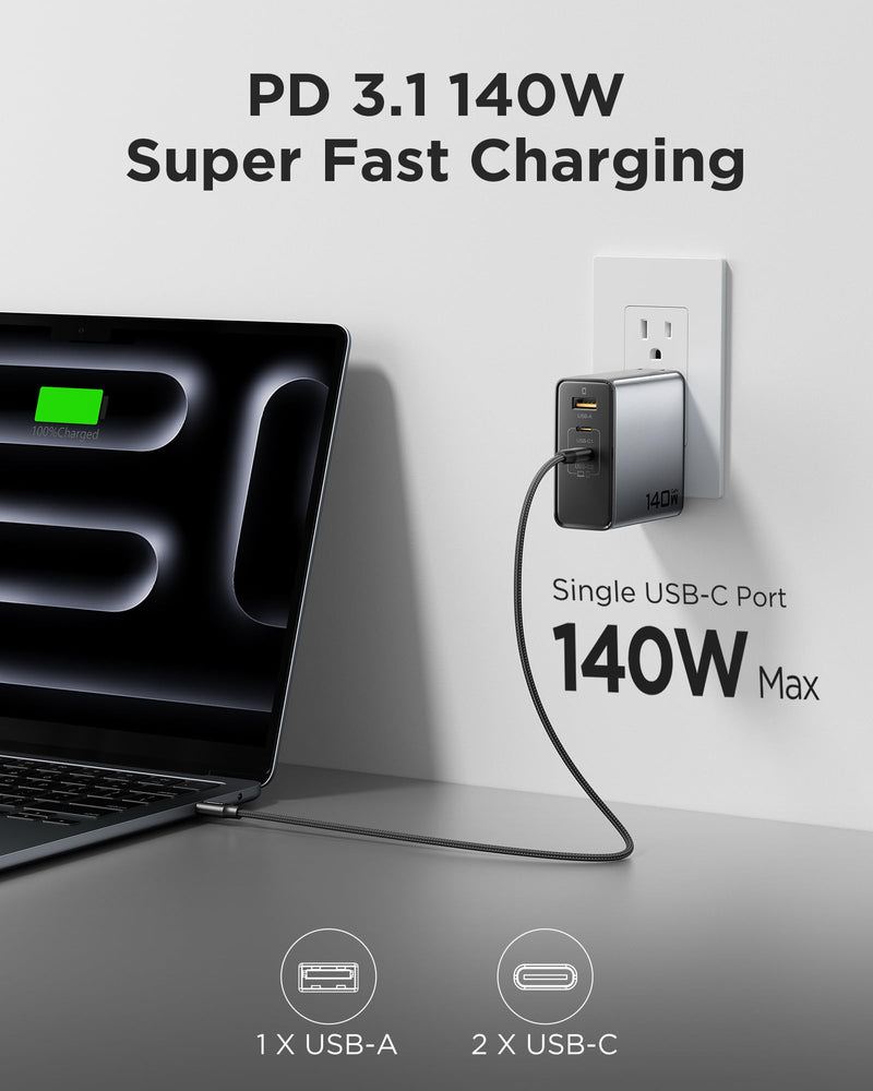 PISEN 140W USB C Charger - PD3.1 GaN Fast Charger USB C 3-Port Foldable Charging Block 140Watt Power Adapter with 6FT 240W Type-C Cable, 140W Charger for MacBook, Laptops, Samsung, iPad, iPhone Series