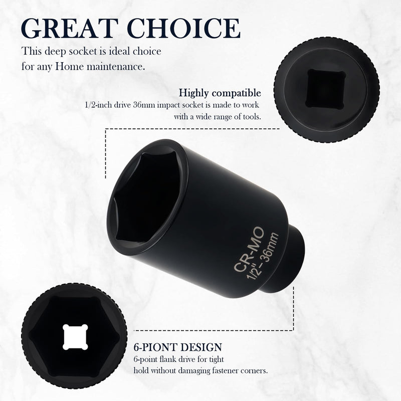 36mm Socket 1/2 Drive with 6 Point Design,Anti-Rust Axle Nut Sockets Set for Quick Shaft Nut Removal,Professional Deep Impact Socket Set 1/2 Drive Essential Car Tools (36mm) 36mm