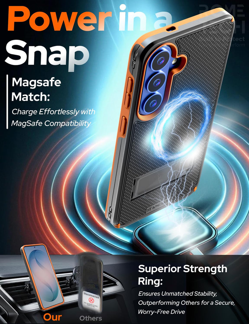 Designed for Samsung Galaxy S26 Case with Belt Clip Holster | Rugged Cover with Strong Magnet & Kickstand Heavy Duty Combo - Black & Orange