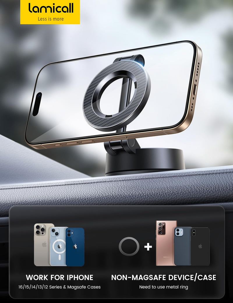 Lamicall for Magsafe Car Mount [70LBS Powerful Suction] Magnetic Phone Holder for Car, 360° Rotation Suction Cup Phone Mount Dashboard & Windshield for Truck fit iPhone 17 16 Pro Max Plus 15 14 13 12 🥇NEW Upgraded - Carbon Fiber