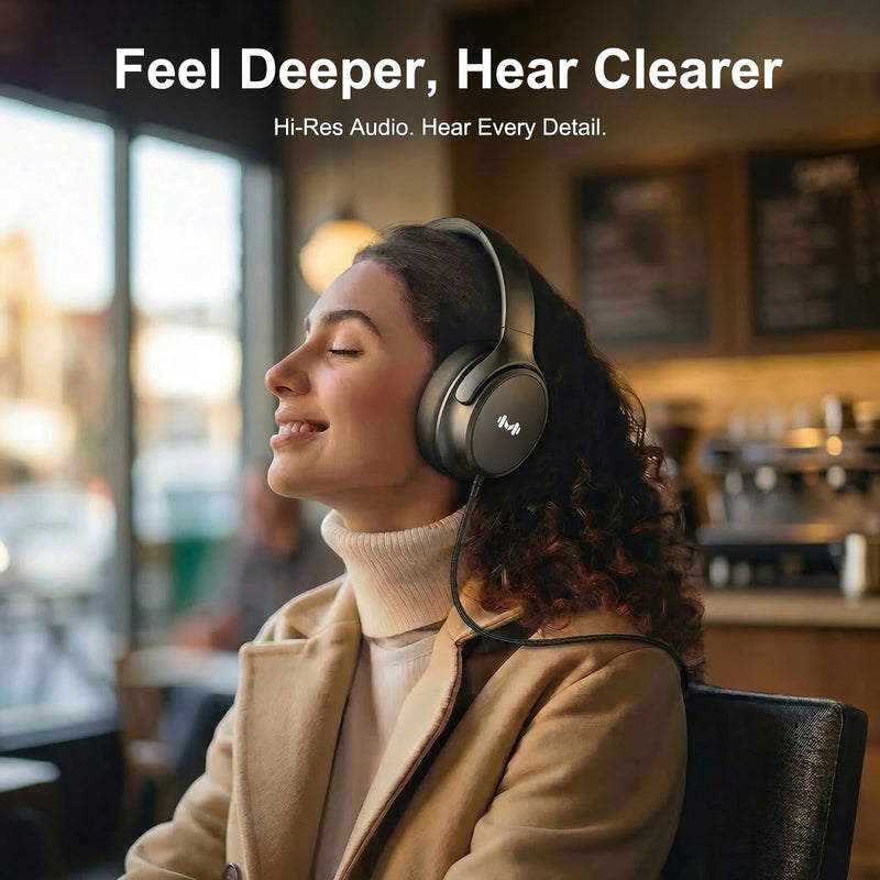 Wired Over-Ear Headphones, Mic, 3.5mm Plug, USB-C Adapter, Black | Foldable, adjustable headphones with soft cushions, inline mic, 3.5mm plug, and USB-C adapter for laptop, phone, and travel.