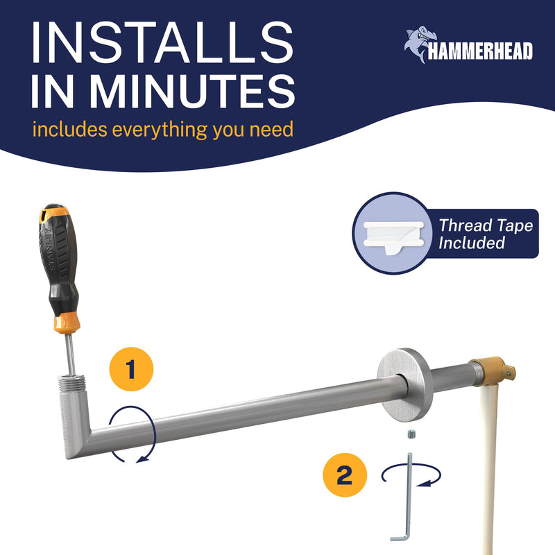 HammerHead Showers® Solid Metal 16 Inch Extended Shower Arm and Flange with Set Screw, Long Shower Arm, Extends Rain Shower Overhead, Wall-Mounted Rain Shower Arm, Brushed Nickel