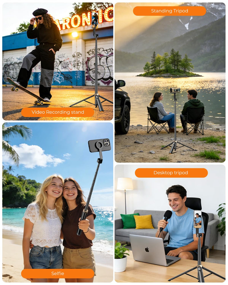 Magnetic Selfie Stick Tripod 72 Inch for iPhone MagSafe, Extendable Phone Tripod Stand with Bluetooth Remote, 360° Rotation Aluminum Selfie Stick for Travel, Vlog, TikTok Black