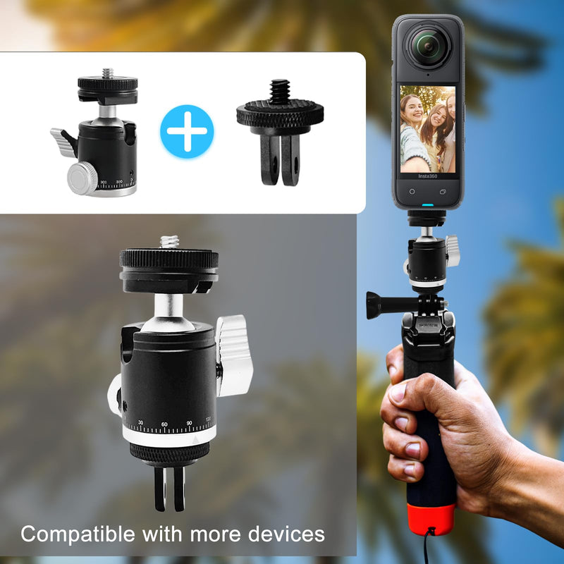 Aluminum Camera Tripod Mount Adapter with 360 Degree Rotation Mini Ball Head, 1/4"- 20 Screw Conversion Adapter Compatible with Go Pro Hero, DJI OSMO, Sony, Insta 360 and Other Action Cameras 360 Degree Rotation Camera Tripod Mount