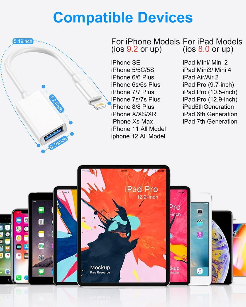 USB to Lightning Adapter, Lightning Male to USB Female iPhone Adapter for iPhone 14 13 12 11 Pro Max X XS 8 7,iPad,iPhone Camera OTG Adapter Support Connect Camera,Flash Drive,Mouse,Card Reader