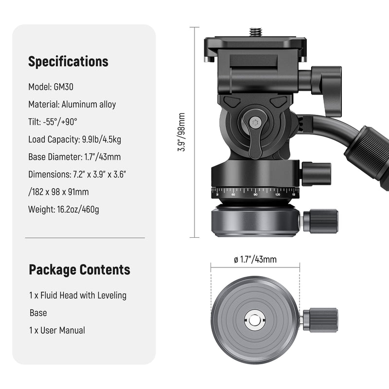 NEEWER Tripod Fluid Head with ±10° Leveling Base (43mm Dia.) Vertical/Horizontal Shooting Switch, Compact Metal Pan Tilt Video Head with Arca QR Plate, Telescopic Handle, Max Load 9.9lb/4.5kg, GM30