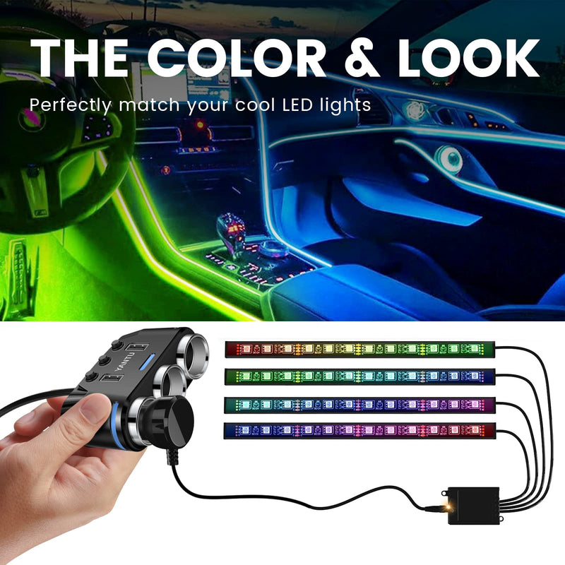 YANTU Cigarette Lighter Adapter & Splitter with 150W 3-Sockets & LED Ambient Lighting, Dual USB Fast Charging Car Outlet 12V, Car Cigarette Lighter Socket Plug Extension for Vehicles BLACK