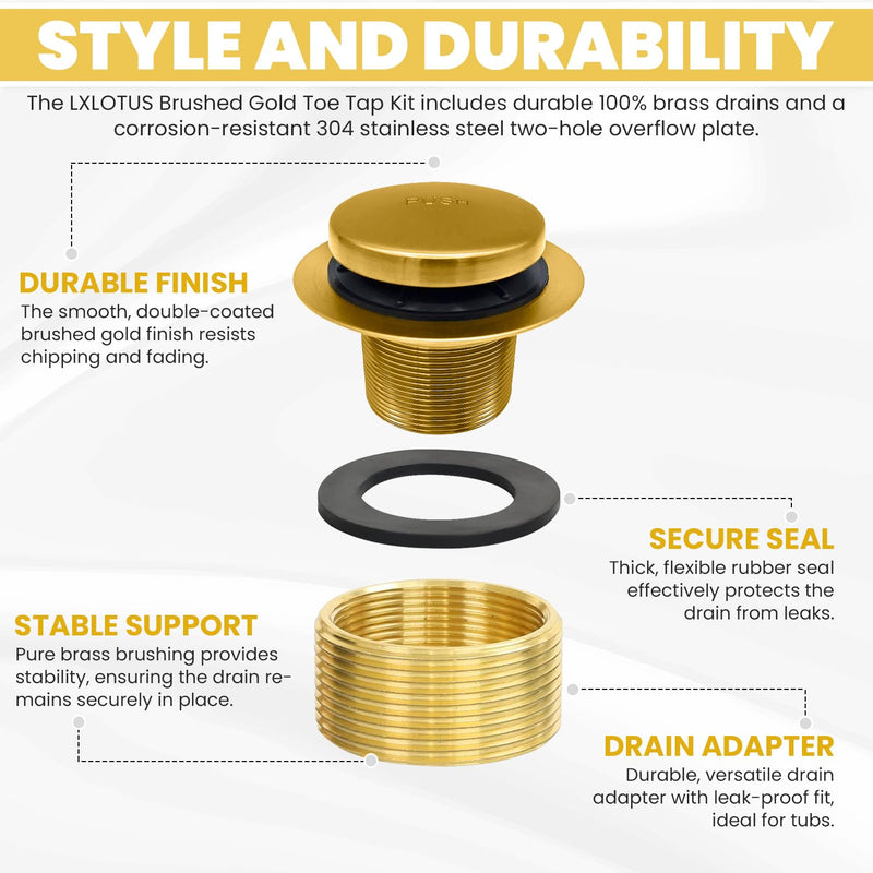 LXLTOUS Brushed Gold Toe Tap Bathtub Trim Set with Two-Hole Overflow Faceplate, Replacement Brass Tub Drain Kit with 2-Hole Overflow Cover and Universal Fine/Coarse Thread, Fits 1-3/8" and 1-1/2"