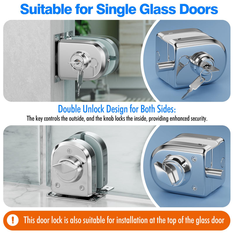 Ranbo Swinging Glass Door Latch Lock No Drilling 304 Stainless Steel Gound Bolt Lock for 3/8-1/2 Inch(10mm-12mm) Exterior and Interior Frameless Sliding Glass Door with 2 Keys, Polished Chrome LE-30A-Polished