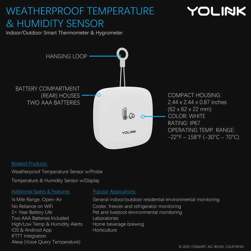 YoLink Smart Outdoor Temperature & Humidity Sensor, Hygrometer, Thermometer, 1000' Long Range, 2 Years Battery Life, Emails, Text/SMS, App Alerts, Alexa, IFTTT Integration. Hub Required! Without Hub