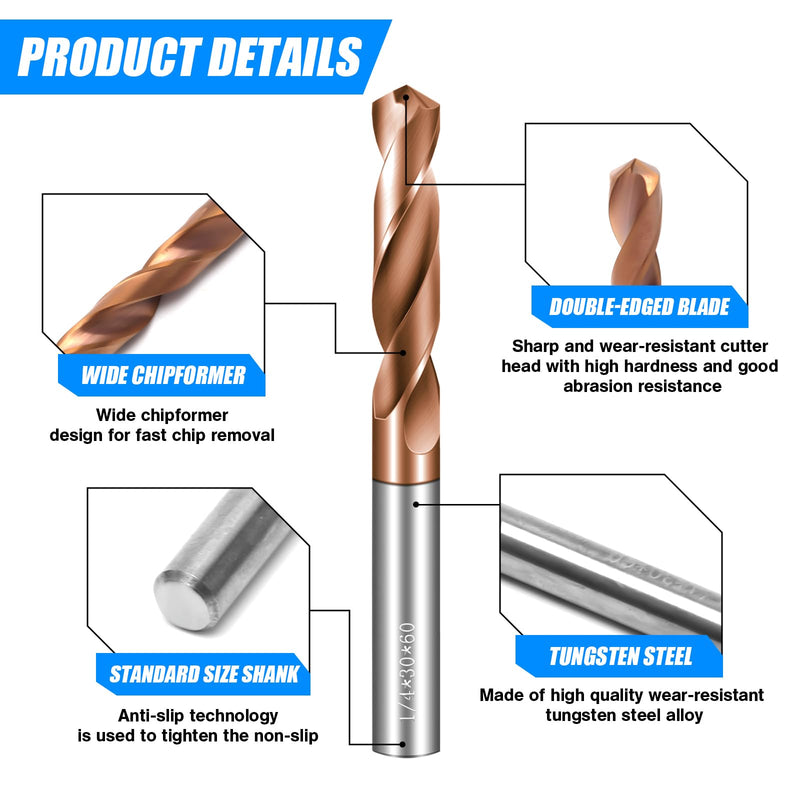 Drill Bit Set 4 Pcs Solid Carbide Drill Bits, 1/8" 1/4" 3/16" 1/16" Tungsten Carbide Drill Bits with TISIN Coated, Metal Drill Bit Set for Stainless Steel Hardened Steel Cast Iron Alloy Copper 1/4" 3/16" 1/8" 1/16"