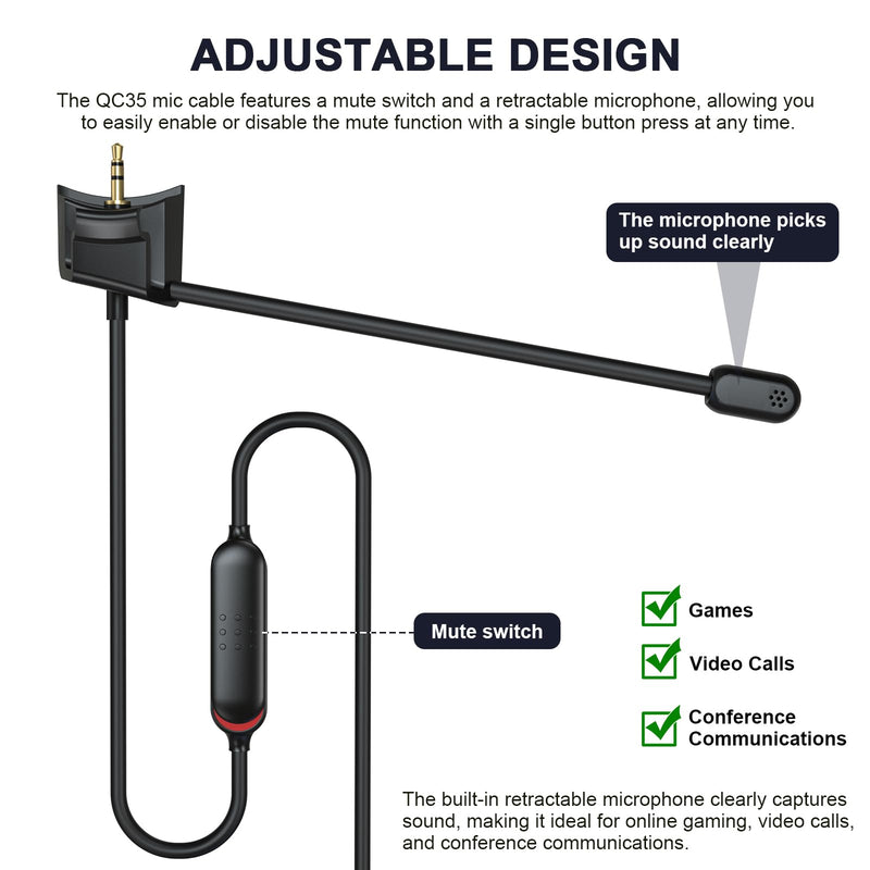 QC35 Boom Microphone for Bose QuietComfort 35 & QC35 II Headphones | QC35 Microphone Cable with Mute Switch for iPhone 15/16/17, MacBook Air/Pro, iPad Pro/Air/Mini, 4ft