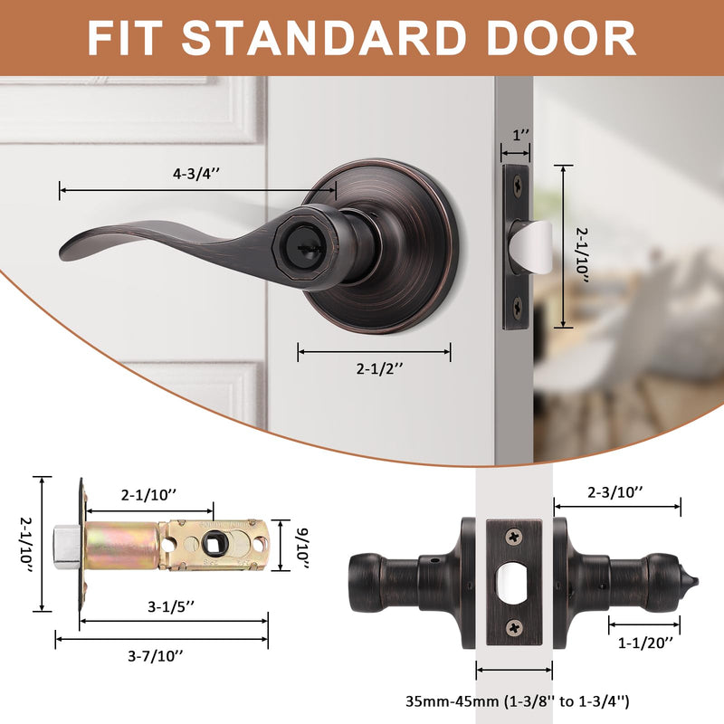 Probrico (1 Pack Entry Door Lever [Lock with 3 Keys],Locking Door Handle Set for Office or Front Door,Oil Rubbed Bronze Wave Entrance Door Lock with Key, Reversible Right & Left Side Handed 1 Keyed Entrance-not keyed alike